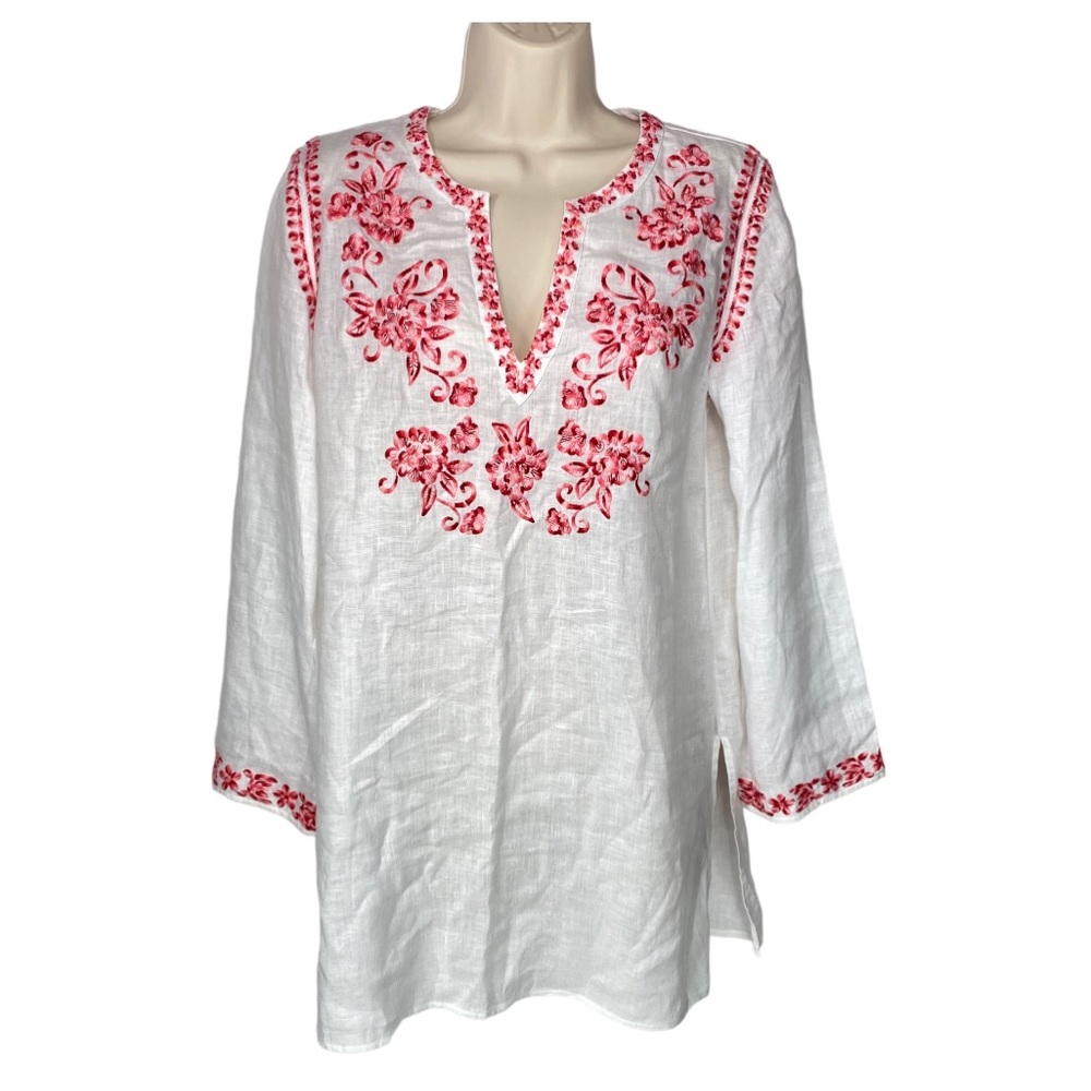 Johnny Was California Tunic Shirt Top Size XS Embroidered White Pink Linen